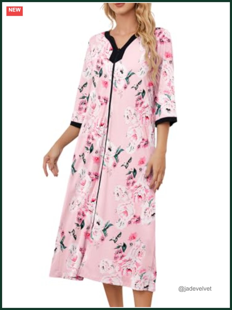 Women's Zip Front House Dress Nightgown Midi Length Robe